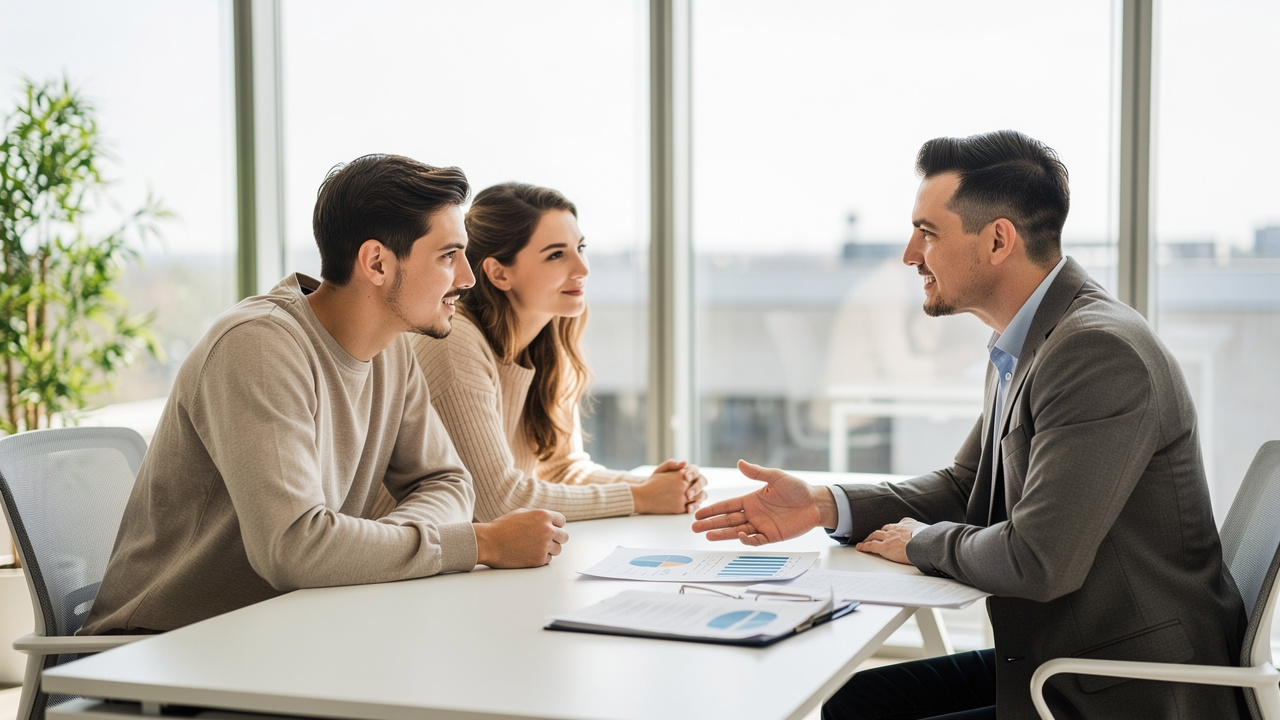 Mortgage adviser consulting with first home buyer couple