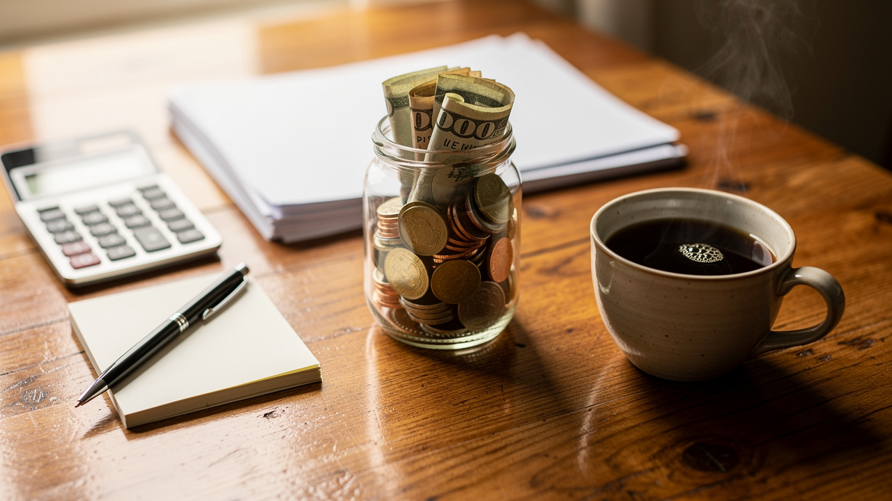 Savings jar and financial documents for home deposit planning
